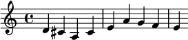 \relative c' { d cis a cis e a g f e }