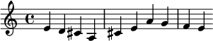 \relative c' { e d cis a cis e a g f e }