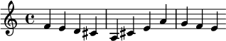 \relative c' { f e d cis a cis e a g f e }