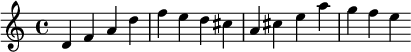 \relative c' { d f a d f e d cis a cis e a g f e }