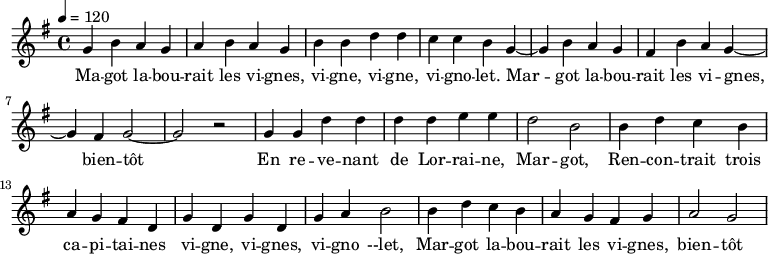 
\new Staff  \with {midiInstrument = "cello" } {
  \relative c'' { 
  \tempo 4 = 120
   \time 4/4 \key g \major g4 b a g | a b a g | b b d d | c c b g~ | g b a g | fis b a g~| g fis g2~ | g2 r2 |
    g4 g d' d | d d e  e | d2 b | b4 d c b | a g fis d
    g d g d | g a b2 | b4 d c b | a g fis g | a2 g
}}
\addlyrics { 
\lyricmode {
 Ma -- got la -- bou -- rait les vi -- gnes, vi -- gne, vi -- gne, vi -- gno -- let. Mar -- got la -- bou -- rait les vi -- gnes, bien -- tôt 
 En re -- ve -- nant de Lor -- rai -- ne, Mar -- got,
 Ren -- con -- trait trois ca -- pi -- tai -- nes 
 vi -- gne, vi -- gnes, vi --  gno --let, 
 Mar -- got la -- bou -- rait les vi -- gnes, bien -- tôt 
} } 
