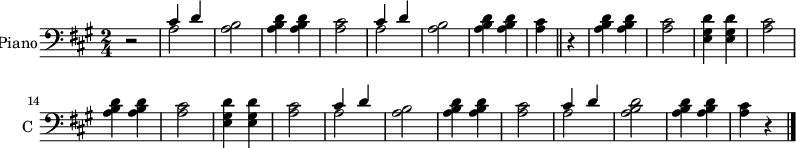\new Staff \with {
instrumentName = #"Piano"
shortInstrumentName = #"C "
} {
\clef bass \relative c' {
\time 2/4 \key a \major
r2
<< {cis4 d} \\ {a2} >>
<a b>2
<a b d>4 <a b d>
<a cis>2
<< {cis4 d} \\ {a2} >>
<a b>2
<a b d>4 <a b d>
<a cis>4 \bar "||"
r4
<a b d>4 <a b d>
<a cis>2
<e gis d'>4 <e gis d'>4
<a cis>2
<a b d>4 <a b d>
<a cis>2
<e gis d'>4 <e gis d'>4
<a cis>2
<< {cis4 d} \\ {a2} >>
<a b>2
<a b d>4 <a b d>
<a cis>2
<< {cis4 d} \\ {a2} >>
<a b d>2
<a b d>4 <a b d>
<a cis>4
r4 \bar "|."
} }