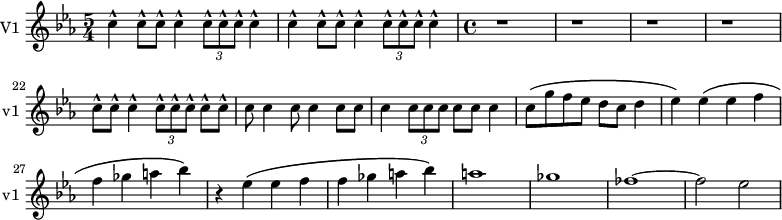 
\new Staff \with {
  midiInstrument = "violin"
  instrumentName = #"V1 "
  shortInstrumentName = #"v1 "
  } {
  \relative c'' {  
   \time 5/4 \key ees \major 
 \set Score.currentBarNumber = #16
        c4-^ c8-^ c8-^ c4-^ \tuplet 3/2 {c8-^ c-^ c-^} c4-^
        c4-^ c8-^ c8-^ c4-^ \tuplet 3/2 {c8-^ c-^ c-^} c4-^
  \time 4/4
        r1 r r r
        c8-^ c8-^ c4-^ \tuplet 3/2 {c8-^ c-^ c-^} c8-^ c8-^
        c8 c4 c8 c4 c8 c8
        c4 \tuplet 3/2 { c8 c c} c8 c c4
        c8 \( g'8 f8 ees d c d4
        ees4 \) ees \( ees f 
        f4 ges a bes \)
        r4 ees, \( ees f
       f4 ges a bes \)
        a1 ges fes~
        fes2 ees
  }  }

