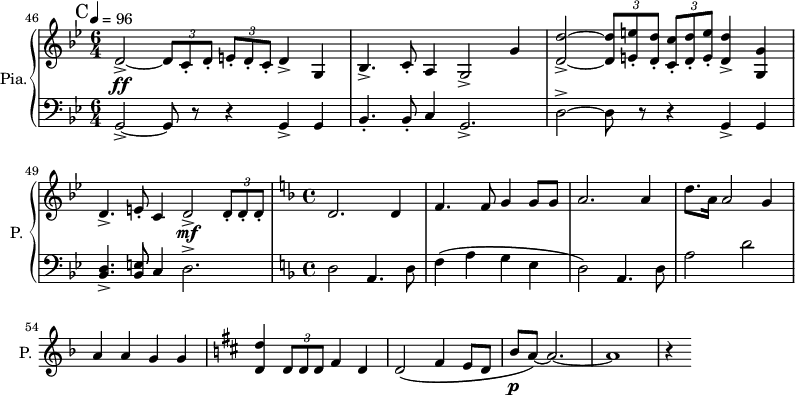 
\new PianoStaff \with { 
       instrumentName = #"Pia." 
       shortInstrumentName = #"P. "
       } 
 <<
      \new Staff \relative c { 
   \set Score.currentBarNumber = #46
        \time 6/4 \key bes \major 
 \tempo 4 = 96
      
  \bar "||" \mark C
    d'2~_> \tuplet 3/2  { d8 c_. d_. }  \tuplet 3/2  { e_. d_. c_. } d4_> g,
    bes4. _> c8_. a4 g2_> g'4  
    <d d' _> >2~ \tuplet 3/2 { <d  d'>8 <e e' _. > <d d' _.> } \tuplet 3/2 { <c _. c'>8 <d _.  d'  > <e _. e' > } <d _> d'>4 <g, g'>4
    d'4._> e8 _. c4 d2 _> \tuplet 3/2 {d8 _.  d _. d _.}  
 \time 4/4 \key f \major
      d2. d4
      f4. f8 g4 g8 g
      a2. a4
      d8. a16 a2 g4
      a4 a g g
  \key d \major
      <d d'>4 \tuplet 3/2 {d8 d d} fis4 d4
      d2 \( fis4 e8 d
      b'8 a~ \) a2.~
      a1
      r4
}

 \new Dynamics = "Dynamics_pf" 
       {
        s1. \ff s
        s1. s2. s2. \mf
     \time 4/4
        s1 s s s
        s1 s s s1\p
        s1 s s
       }

      \new Staff \relative c, { 
        \clef bass
       \time 6/4 \key bes \major
       g'2~_> g8 r8 r4 g4_> g4
       bes4. _. bes8_. c4 g2._>
       d'2~ ^> d8 r8 r4 g,4 _> g4 
       <bes d>4. _> <bes e>8 c4 d2. ^>
    \time 4/4 \key f \major
        d2 a4. d8
        f4 \( a g e
        d2 \)  a4. d8
        a'2   d2~
}
>>
