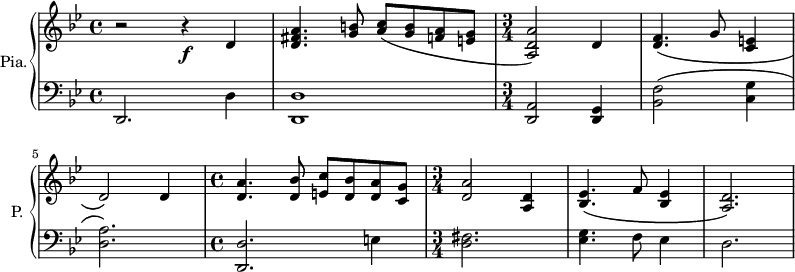
\new PianoStaff \with { 
       instrumentName = #"Pia." 
       shortInstrumentName = #"P. "
       } 
 <<
      \new Staff \relative c' { 
        \time 4/4 \key bes \major 
        r2 r4 \f d4
       <d fis a>4. <g b>8 <a c>\( <g b> <f a> <e g>
       \time 3/4  <a, d a'>2\) d4
       <d f>4.\( g8 <c, e>4
       d2\) d4
       \time 4/4 <d a'>4. <d bes'>8 <e c'>8 <d bes'> <d a'> <c g'>
       \time 3/4 <d a'>2  <a d>4
       <bes ees>4.\( f'8 <bes, ees>4
       <a d>2.\)
       }
      \new Staff \relative c { 
      \set Staff.midiMaximumVolume = #0.5
        \clef bass
       \time 4/4 \key bes \major 
        d,2. d'4
        <d, d'>1
        \time 3/4 <d a'>2 <g d>4
        <bes f'>2\(  <c g'>4
        <d a'>2.\)
        \time 4/4 <d, d'>2. e'4
        \time 3/4 <d fis>2.
        <ees g>4. f8 ees4
        d2.
       }
>>
