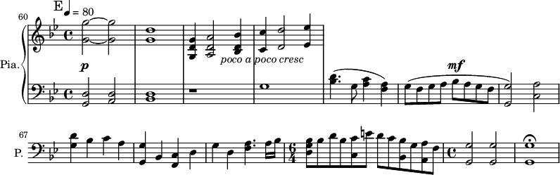 
\new PianoStaff \with { 
       instrumentName = #"Pia." 
       shortInstrumentName = #"P. "
       } 
 <<
      \new Staff \relative c'' { 
   \set Score.currentBarNumber = #60
        \time 4/4 \key bes \major 
 \tempo 4 = 80
      
  \bar "||" \mark E
   <g g'>2~ <g g'>2
   <g d'>1
   <g, d' g>4 <a d a'>2 <bes d bes'>4
   <c c'>4 <d d'>2 <ees ees'>4
  }

 \new Dynamics = "Dynamics_pf" 
       {
         s1 \p
         s1
         s2 s2 ^\markup { \italic "poco a poco cresc" } 
         s1 s 
         s2 s2\mf
    }

   \new Staff \relative c { 
        \clef bass
       \time 4/4 \key bes \major
        <g d'>2 <a d>2
        <bes d>1
        r1
        g'1
       <bes d>4. (g8 <a c>4 <f a>4 )
       g8 ( f g a bes a g f
       <g, g'>2 )  <c a'>2
       <g' d'>4 bes c a
       <g, g'>4 bes <f c'>4 d'
       g4 d <f a>4. a16 bes
  \time 6/4
       <d, g bes>8 bes' d bes <c, c'> e' d c <bes, bes'> g' <a, a'> f'
  \time 4/4
        <g, g'>2 <g g'>
        <g g'>1\fermata
   }
>>
