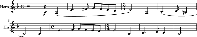 
\new Staff \with {
  midiInstrument = "french horn"
  instrumentName = "Horn"
  shortInstrumentName = #"Hn"
 }
 \relative c' {
   \time 4/4 \key f \major 
 \transposition f
  r2 r4 \f a4 \(
  e'4. fis8 g fis e d
  \time 3/4 e2 \) a,4
  c4. \( d8 b4
  a2 \) a4
  \time 4/4 e'4. f8 g f e d
  \time 3/4 e2 a,4
  bes4. c8 bes4
  a2.

 } 
