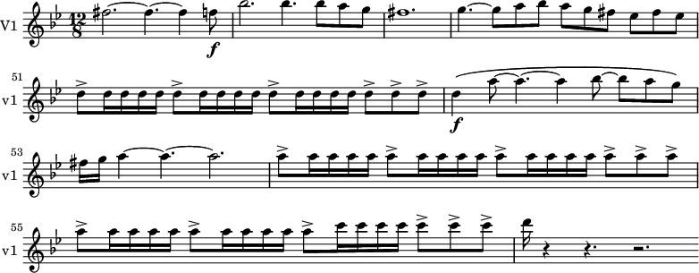 
\new Staff \with {
  midiInstrument = "violin"
  instrumentName = #"V1 "
  shortInstrumentName = #"v1 "
  } {
  \relative c'' {  
   \time 12/8 \key bes \major 
\set Score.currentBarNumber = #47
     fis2.~ fis4.~ fis4 f8 \f
     bes2. bes4. bes8 a g
     fis1.
     g4.~ g8 a bes a g fis ees fis ees
     d8^> d16 d16 d16 d16  d8^> d16 d16 d16 d16  d8^> d16 d16 d16 d16  d8^>  d8^>  d8^>
     d4 \f \( a'8~ a4.~ a4 bes8~bes a g \)
     fis16 g a4~ a4.~ a2.
     a8^> a16 a16 a16 a16 a8^> a16 a16 a16 a16 a8^> a16 a16 a16 a16 a8^> a8^> a8^>
     a8^> a16 a16 a16 a16 a8^> a16 a16 a16 a16 a8^> c16 c16 c16 c16 c8^> c8^> c8^>
     d16 r4 r4. r2.
  }  }

