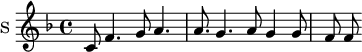 \new Staff \with {
midiInstrument = "voice oohs"
instrumentName = #"S "
shortInstrumentName = #"S "
} {
\relative c' {
\time 4/4 \key f \major
c8 f4. g8 a4.
a8. g4. a8 g4 g8
f f
}
}