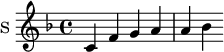 \new Staff \with {
midiInstrument = "voice oohs"
instrumentName = #"S "
shortInstrumentName = #"S "
} {
\relative c' {
\time 4/4 \key f \major
c f g a
a bes
}
}