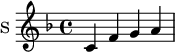 \new Staff \with {
midiInstrument = "voice oohs"
instrumentName = #"S "
shortInstrumentName = #"S "
} {
\relative c' {
\time 4/4 \key f \major
c f g a
}
}