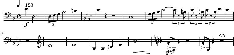 
\new Staff \with {
  midiInstrument = "french horn"
 }
 \relative c' {
   \tempo 4=128
\clef bass
  \time 4/4 \key f \major 
 \transposition f
\set Score.currentBarNumber = #9
  d4 \f d,2. 
  \tuplet 3/2 {d8 e f} a2 b4
  \key aes \major  c4 r4 r2
  c,1 
  \tuplet 3/2 {f8 g aes}  c2~ \tuplet 3/2 {c8 r a}
  \tuplet 3/2 {c8 r a} \tuplet 3/2 {c8 r a} des4 c4
   r1 
  \clef G ees1
    f1 
  bes,4 bes4 d f
  bes1 \<
 \key f \major
   a8 _> _. \! \sfz a, _. r4 r2
   a'8 _> _. \!  a, _. r4 r2 \fermata  
 } 
