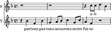 
<<
\new Staff \with {
  midiInstrument = #"Flute"
  instrumentName = #"S "
  shortInstrumentName = #"S "
  } {
  \relative c'' {  
   \time 4/4 \key f \major 
        r1 r
        r4 c8 c d4 bes
 
  }  }
 \addlyrics { 
              a -- b
            }

\new Staff \with {
  midiInstrument = "trumpet"
  shortInstrumentName = #"T "
  instrumentName = #"T "
  } {
  \relative c' {  
   \clef "treble_8"
   \time 4/4 \key f \major 
        r4 bes4 f bes4
        g a8 bes c4 g8 c
        a4 f r2
  }  }
 \addlyrics { 
              par -- tons par -- tons as -- su -- rons no -- tre fui -- te
            }
>>
