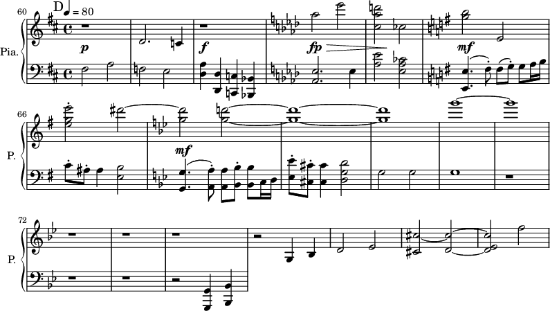 
\new PianoStaff \with { 
       instrumentName = #"Pia." 
       shortInstrumentName = #"P. "
       } 
 <<
      \new Staff \relative c' { 
   \set Score.currentBarNumber = #60
        \time 4/4 \key d \major 
 \tempo 4 = 80
      
  \bar "||" \mark D
  r1
  d2. c4
  r1 
  \key aes \major 
  aes''2 ees'2
  <c, aes' d>2 ces2
  \key g \major
   <g' b>2 e,2
   <e' g e'>2^. dis'2~
 \key bes \major
    <g, dis'>2 <g d'>2~
    <g d'>1~ 
    <g d'>1
    g'1~ g1
    r1 r r
    r2 g,,,4 bes
    d2 ees2
    <cis cis'>2~
    <d cis'>2~
    <d ees cis'> f'2
  }

 \new Dynamics = "Dynamics_pf" 
       {
         s1 \p s s \f
         s1 \fp \>
         s4 s \!  s2
         s1 \mf
         s1 s1 \mf
       }

   \new Staff \relative c { 
        \clef bass
       \time 4/4 \key d \major
      fis2 a2
      f2 e2
      <d a'>4 <d, d'>4 <c c'>4 <bes bes'>4
  \key aes \major 
      <aes' ees'>2. ees'4
      <aes ees'>2 <ees aes ces>2
  \key g \major
      <e, e'>4. (fis'8^.) fis ( g^. ) g a16 b
      c8^. ais^. ais4 <e b'>2
 \key bes \major
      <g, g'>4. ( <a a'>8^. )  <a a'>8 <bes bes'>8^. <bes bes'>8 c16 d16
      <ees ees'>8^. <cis cis'>8^.  <cis cis'>4 <d g d'>2
      g2 g
      g1
      r1 r r
      r2 <g,, g'>4 <bes bes'>4
   }
>>
