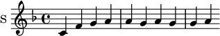 \new Staff \with {
midiInstrument = "voice oohs"
instrumentName = #"S "
shortInstrumentName = #"S "
} {
\relative c' {
\time 4/4 \key f \major
c f g a
a g a g
g a
}
}
