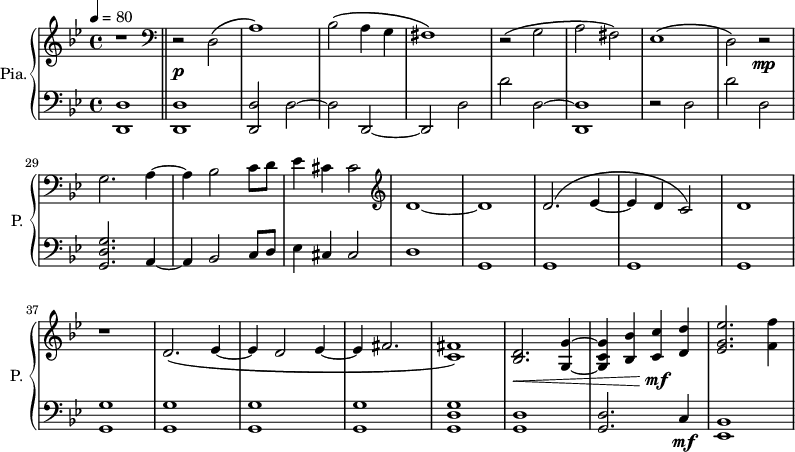 
\new PianoStaff \with { 
       instrumentName = #"Pia." 
       shortInstrumentName = #"P. "
       } 
 <<
      \new Staff \relative c { 
        \time 4/4 \key bes \major 
 \tempo 4 = 80
  \set Score.currentBarNumber = #20
  r1
  \bar "||"
  \clef bass
  r2 d2 \(
  a'1\)
  bes2 \( a4 g 
  fis1 \)
  r2 \( g2
  a2 fis \)
  ees1 \( 
  d2 \) r2 \mp
  g2. a4~
  a4 bes2 c8 d
  ees4 cis cis2
 \clef G
  d1~
  d1
  d2. ^\(  ees4~
  ees4 d c2 ^\)
  d1
  r1
  d2. \( ees4~
  ees4 d2 ees4~
  ees4 fis2. 
  <c fis>1 \)
  <bes d>2. \< <g g'>4~
  <g c g'>4 <bes bes'>4 <c c'> \! \mf <d d'>
  <ees g ees'>2. <f f'>4
}
 \new Dynamics = "Dynamics_pf" 
       {
         s1 s \p s s 
       }
      \new Staff \relative c { 
        \clef bass
       \time 4/4 \key bes \major
   <d, d'>1
   <d d'>1
    <d d'>2 d'2~
    d2 d,2~
    d2 d'2
    d'2 d,2~
    <d, d'>1
    r2 d'2
    d'2 d,2
    <g, d' g>2. a4~
    a4 bes2 c8 d
    ees4 cis cis2
    d1
    g,1
    g1
    g1
    g1
    <g g'>1
    <g g'>1
    <g g'>1
    <g g'>1
    <g d' g>1
    <g d'>1
    <g d'>2.
    c4 \mf
    <ees, bes'>1
    
}
>>
