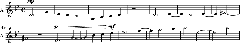
\new Staff \with {
  midiInstrument = "violin"
  instrumentName = #"A "
  shortInstrumentName = #"A "
  } {
  \relative c' {  
   \time 4/4 \key bes \major 
    \set Score.currentBarNumber = #42
        d2. ^\mp g4~ 
        ees4 d4 c2
        g4 bes c d
        r1
        d2. ees4~ 
        ees4 d2 ees4~ 
        ees4 fis2.~ fis2 r2
        d2. ^\p ^\<  g4~
        g4  bes4 ^\(  c4 d4 ^\mf ^\! 
        ees2. f4~ 
        f4 g2 a4
        bes2 d,2~
        d2 bes'2
  }  }

