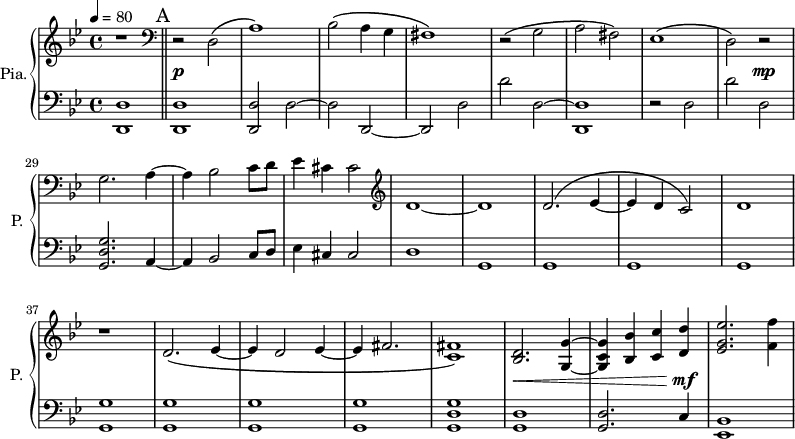
\new PianoStaff \with { 
       instrumentName = #"Pia." 
       shortInstrumentName = #"P. "
       } 
 <<
      \new Staff \relative c { 
        \time 4/4 \key bes \major 
 \tempo 4 = 80
  \set Score.currentBarNumber = #20
  r1
 % début mesures 21 à 44
  \bar "||" \mark A
  \clef bass
  r2 d2 \(
  a'1\)
  bes2 \( a4 g 
  fis1 \)
  r2 \( g2
  a2 fis \)
  ees1 \( 
  d2 \) r2 
  g2. a4~
  a4 bes2 c8 d
  ees4 cis cis2
 \clef G
  d1~
  d1
  d2. ^\(  ees4~
  ees4 d c2 ^\)
  d1
  r1
  d2. \( ees4~
  ees4 d2 ees4~
  ees4 fis2. 
  <c fis>1 \)
  <bes d>2. <g g'>4~
  <g c g'>4 <bes bes'>4 <c c'>  <d d'>
  <ees g ees'>2. <f f'>4
}
 \new Dynamics = "Dynamics_pf" 
       {
         s1 
         s1 \p \repeat unfold 6 {s1} s2 s2 \mp
         \repeat unfold 13 {s1} s4 \< s2. s2. s4 \! \mf s1
       }
      \new Staff \relative c { 
        \clef bass
       \time 4/4 \key bes \major
   <d, d'>1
   <d d'>1
    <d d'>2 d'2~
    d2 d,2~
    d2 d'2
    d'2 d,2~
    <d, d'>1
    r2 d'2
    d'2 d,2
    <g, d' g>2. a4~
    a4 bes2 c8 d
    ees4 cis cis2
    d1
    g,1
    g1
    g1
    g1
    <g g'>1
    <g g'>1
    <g g'>1
    <g g'>1
    <g d' g>1
    <g d'>1
    <g d'>2.
    c4 
    <ees, bes'>1
    
}
>>
