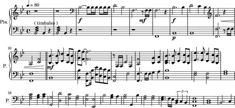 
\new PianoStaff \with { 
       instrumentName = #"Pia." 
       shortInstrumentName = #"P. "
       } 
 <<
      \new Staff \relative c'' { 
        \time 4/4 \key bes \major 
 \tempo 4 = 80
        r1 r 
        \clef bass
       bes,2~ \f bes8 bes16 bes16 bes8 bes16 bes16 
       d2 bes
       f2. r8 \mf f16 f
       f2. r4
        bes2. \f bes4
       d2 c4 bes
  \clef G
       f'2. r4
       a,2 <c f>2
  \bar "||"
       <bes bes'>4. <bes bes'>8 <d d'>4 <c c'>8 <bes bes'>8
       <g' g'>8 <f f'>8~ <f f'>2.
       r8 f,16 f c'2 f,4
       <a f'>2  <bes g'>4 <c a'>4
       <bes d bes'>4. <bes bes'>8 <d d'>4 <c c'>8 <bes bes'>8
       <ees ees'>4. <ees ees'>8 <d d'>4 <c c'>8 <bes bes'>
    
}

 \new Dynamics = "Dynamics_pf" 
       {
        s1 s s s s s s s
        s2 s4 \< s4
        s1
        s4 \! \mf s2.
        s1 s s s s
       }

      \new Staff \relative c { 
        \clef bass
       \time 4/4 \key bes \major
             bes2:32 ^\markup "( timbales ) " bes4 r4
           bes2:32 bes4 r4
            r1 r1 r1
            f1
            bes1 \p
            bes1
            <f f'>2. r8 f'16 f
            <f, f'>1
      \bar "||"
            bes1
            <bes bes'>4 <f f'>8. <bes bes'>16 <ees ees'>8 <d d'> <c c'> <bes bes'>
            <f c'>2 f'2
            <f, f'>4. f'16 f g4 a
            <bes, bes'>1
            <ees g>2 <bes f'>
            <f' a>1
            <f a c>2 <g bes>4 <a c>4
            <g, g'>2 <d' d'>2
            <f c'>2 <f a>
            <ees bes'>2 <ees, ees'>
            bes''2 <g bes>4 a
            <g bes>2 g,4 bes'
            <f a>2 <f a> 
            <ees g>4. f16 ees \tuplet 3/2 { <bes d>4 c bes}
            <f c' f>1
            <bes d>1
            bes2. c4
}
>>
