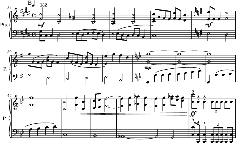 
\new PianoStaff \with { 
       instrumentName = #"Pia." 
       shortInstrumentName = #"P. "
       } 
 <<
      \new Staff \relative c' { 
      \set Score.currentBarNumber = #34
        \time 4/4 \key e \major   \tempo 4 = 132 \bar "||" \mark B 
           <e  cis'>2 <b dis b'>
           <e ges>2 <b fis' b>
           <a e' cis'>2  <b fis' b>
           <cis e cis'>8 gis'8 fis e <fis dis'> e <dis b'>4
       \key g \major
            <e e'>8 e e4 <fis d'>2
            g'8 g,  \( fis g <a d> g fis4 \)
            c'8 g  \( fis e <fis d'>8 e d4
            <e e'>4 \) g' fis d
       \key bes \major
            <g, g'>1~
            <g g'>1~
            <g g'>1
            <g g'>1
            <c, c'>2  <g' g'>4 <c, c'>4
            <d d'>8 <ees ees'>8 <f f'>2.~
            <f f'>4 <g g'>4 <aes aes'>4  <g g'>4
            <f f'>4 <g g'>4 <f' aes>8 <ees aes>8 <d g>4
            <c c'>8 ^^^. c8 ^^^. c4 ^^^. \tuplet 3/2 { c8 c c} c8 c
     }

 \new Dynamics = "Dynamics_pf" 
       {
         s1 \mf s s s
         s1 \mf s s s 
         s1 \mp s s s
         s4 \< s2. s1 s1 s1
         s4 \! \ff
 
      }

   \new Staff \relative c { 
        \clef bass
       \time 4/4 \key e \major       
           <cis gis'>8 cis cis4 dis2
           r8 e \( dis e fis e dis4 \)
           r8 e \( dis cis dis cis b4
           cis1 \)
       \key g \major
          e2 d
           g2 d
          c2 d
          e2 b
       \key bes \major
           g4 g' \( g a
           a bes c d \)
           g,,4 g' \( g a
           a bes c d \)
          c,1
          bes1
          aes1~
          aes2 g
          <c c'>8 ^^^. <c, c'>8 ^^^. <c c'>4 ^^^. \tuplet 3/2 { <c c'>8 <c c'>8 <c c'>8} <c c'>8 <c c'>8
       }
 >>
