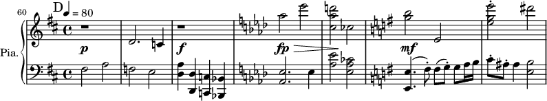 
\new PianoStaff \with { 
       instrumentName = #"Pia." 
       shortInstrumentName = #"P. "
       } 
 <<
      \new Staff \relative c' { 
   \set Score.currentBarNumber = #60
        \time 4/4 \key d \major 
 \tempo 4 = 80
      
  \bar "||" \mark D
  r1
  d2. c4
  r1 
  \key aes \major 
  aes''2 ees'2
  <c, aes' d>2 ces2
  \key g \major
   <g' b>2 e,2
   <e' g e'>2^. dis'2
  }

 \new Dynamics = "Dynamics_pf" 
       {
         s1 \p s s \f
         s1 \fp \>
         s4 s \!  s2
         s1 \mf
       }

   \new Staff \relative c { 
        \clef bass
       \time 4/4 \key d \major
      fis2 a2
      f2 e2
      <d a'>4 <d, d'>4 <c c'>4 <bes bes'>4
  \key aes \major 
      <aes' ees'>2. ees'4
      <aes ees'>2 <ees aes ces>2
  \key g \major
      <e, e'>4. (fis'8^.) fis ( g^. ) g a16 b
      c8^. ais^. ais4 <e b'>2
   }
>>
