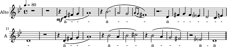 
 \new StaffGroup <<
 \new Staff \with {
  midiInstrument = "choir aahs"
  instrumentName = #"Alto"
  shortInstrumentName = #"A "
  } {
  \relative c' {  
   \tempo 4=80
   \time 4/4 \key bes \major 
        r1 r1
        r4\mf d4 \(fis g
        a1\)
        r4 bes2. \(
        a2 g2 \acciaccatura {a8 g8}
        fis1\)
        r2. d4
        fis g fis ees?
        d2 c4 e
        d1     
        r1
        r4 d4 \( fis g 
        a1 \)
        r4 bes2 \( a4
        bes2 cis \) 
        r4 bes2 \( a4
        g2 fis2 \)
        r2 ees?
        d1 \bar "||"
  }  }
 \addlyrics { 
             a - - -  
             a - - - 
             a - - - - - - - -
             a - - -
             a - - -
             a - - -
             a -- a
            }
>>
