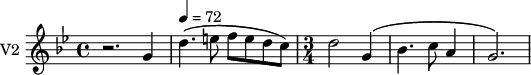 
\new Staff \with {
  midiInstrument = "violin"
  instrumentName = #"V2 "
  shortInstrumentName = #"v2"
  } {
  \relative c'' {  
   \time 4/4 \key bes \major 
   \set Score.currentBarNumber = #14
        r2. g4
        \tempo 4 = 72
        d'4. \( e8 f e d c \)
        \time 3/4
        d2 g,4 \(
        bes4. c8 a4
        g2. \)
  }  }

