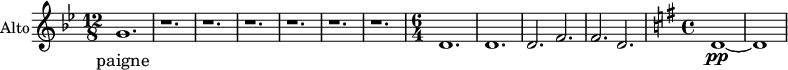 
\new Staff \with {
  midiInstrument = "choir aahs"
  shortInstrumentName = #"A"
  instrumentName = #"Alto"
  } {
  \relative c'' {  
   \time 12/8 \key bes \major 
    \set Score.currentBarNumber = #52
      g1.
      r1. r r r r r
      \time 6/4  
    d1.
    d1.
    d2. f2.
   f2. d2.
  \key g \major \time 4/4
   d1~ \pp
   d1
  }  }
 \addlyrics { 
             paigne
            }
