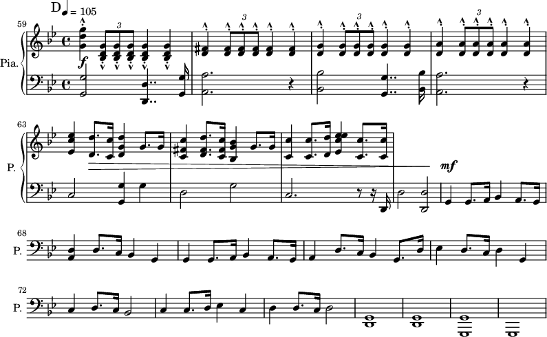 
\new PianoStaff \with { 
       instrumentName = #"Pia." 
       shortInstrumentName = #"P. "
       } 
 <<
      \new Staff \relative c'' { 
   \set Score.currentBarNumber = #59
        \time 4/4 \key bes \major   \tempo 4 = 105
       \bar "||" \mark D
           <g d' g>4 ^. ^^ \tuplet 3/2 {<bes, d g>8  _. _^ <bes d g>  _. _^ <bes d g>  _. _^ } <bes d g>4  _. _^ <bes d g>4  _. _^ 
           <d fis>4 ^. ^^  \tuplet 3/2 {<d fis>8 ^. ^^ <d fis> ^. ^^ <d fis> ^. ^^ } <d fis>4 ^. ^^ <d fis>4 ^. ^^ 
           <d g>4 ^. ^^  \tuplet 3/2 {<d g>8 ^. ^^ <d g> ^. ^^ <d g> ^. ^^ } <d g>4 ^. ^^ <d g>4 ^. ^^ 
           <d a'>4 ^. ^^  \tuplet 3/2 {<d a'>8 ^. ^^ <d a'> ^. ^^ <d a'> ^. ^^ } <d a'>4 ^. ^^ <d a'>4 ^. ^^ 
           <ees c' ees>4 <d d'>8. <c c'>16 <d g d'>4 g8. g16
           <c, fis c'>4  <d fis d'>8. <c fis c'>16 <bes g' bes>4  g'8. g16
           <c, c'>4 <c c'>8. <d d'>16 <ees c' es
es>4 <c c'>8. <c c'>16
      }
\new Dynamics = "Dynamics_pf" 
       {
          s1 \f s s s
          s4 s4 \> s2
          s1 s 
          s2. s4 \!
          s1 \mf
         
       }
      \new Staff \relative c { 
        \clef bass
       \time 4/4 \key bes \major 
       <g g'>2  <d d'>4.. <g g'>16
       <a a'>2. r4
       <bes bes'>2  <g g'>4..  <bes bes'>16
       <a a'>2. r4
       c2 <g g'>4 g'4
       d2 g2
       c,2. r8 r16 d,
       d'2    <d, d'>2
       g4 g8. a16 bes4 a8. g16
       <a d>4 d8. c16 bes4 g
       g4 g8. a16 bes4 a8. g16
       a4 d8. c16 bes4 g8. d'16
       ees4 d8. c16 d4 g,4
       c4 d8. c16 bes2
       c4 c8. d16 ees4 c
       d4 d8. c16 d2
       <g, d>1
       <g d>1
       <g, g'>1
        g1
       }
>>
