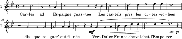 
\new Staff \with {
  midiInstrument = "violin"
  shortInstrumentName = #"T "
  instrumentName = #"T "
  } {
  \relative c' {  
   \clef "treble_8"
   \time 4/4 \key bes \major 
   \set Score.currentBarNumber = #11
        bes2 c
        a2 r4 a4
        c2 d2 
        bes2 r4 bes4
        bes2 c
        d2. d4
        ees2 ees4 ees4
        d1
        r2 g,2
        g2 g
        a2 a4 a
        bes2. r4
        r4 \mf g4 ^\(  g a \<
        bes4 bes d d \!
        ees2 d4 ees
        d2.  \> \)r4 \! \p
  }  }
 \addlyrics { 
             Car -- les ad
             Es -- paigne guas -- tée
             Les cas -- tels pris les ci -- tez vio -- lées
             dit que sa guer' out fi -- née
 	    Vers Dul -- ce Fran -- ce che -- val -- chet l’Em -- pe -- rer
            }
