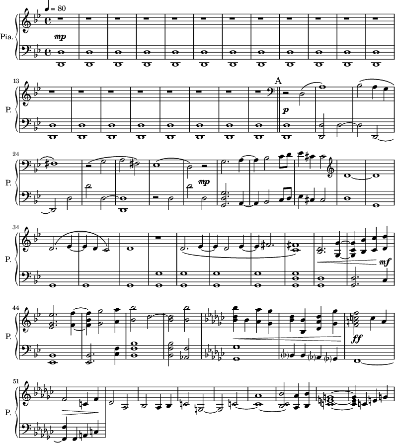 
\new PianoStaff \with { 
       instrumentName = #"Pia." 
       shortInstrumentName = #"P. "
       } 
 <<
      \new Staff \relative c { 
        \time 4/4 \key bes \major 
 \tempo 4 = 80
       
       \repeat unfold 20 { r1}

 \bar "||" \mark A
  \clef bass
  r2 d2 \(
  a'1\)
  bes2 \( a4 g 
  fis1 \)
  r2 \( g2
  a2 fis \)
  ees1 \( 
  d2 \) r2 
  g2. a4~
  a4 bes2 c8 d
  ees4 cis cis2
 \clef G
  d1~
  d1
  d2. ^\(  ees4~
  ees4 d c2 ^\)
  d1
  r1
  d2. \( ees4~
  ees4 d2 ees4~
  ees4 fis2. 
  <c fis>1 \)
  <bes d>2. <g g'>4~
  <g c g'>4 <bes bes'>4 <c c'>  <d d'>
  <ees g ees'>2. <f f'>4~
    % mesures 45 à 51
           <f bes f'>4 <g g'>2 <a a'>4
           <bes bes'>2 d~
           <bes d>2  <bes bes'>
   \key ees \minor
           <bes des bes'>4 bes <aes aes'>4  <ges ges'>4 
           <bes des>4 <bes, bes'>4  <des aes' des>4 <ges ges'>4
           <f a c f>2 c'4 a
           f2 c4 f
    % mesures 52 à 56
        des2 aes2
        bes2 aes4 bes
        c2 g2~
        g2 c2~
        <c aes'>1~
        <bes c bes'>2 <aes aes'>4 <bes bes'>4
        <c e g>1~
        <c e g>4 c e g

}
 \new Dynamics = "Dynamics_pf" 
       {
         s4 \mp s4 s2 \repeat unfold 19 { s1 }
         
         s1 \p \repeat unfold 6 {s1} s2 s2 \mp
         \repeat unfold 13 {s1} s4 \< s2. s2. s4 \! \mf s1

        s1 s1 s1 s4 \< s2. s1 
         s2 \ff \! s2
         s8 \> s8 s2 s4 \!
       }

 \new Staff \relative c { 
        \clef bass
       \time 4/4 \key bes \major

       <d, d'>1  \repeat unfold 19 { <d d'>1}

 <d d'>1
    <d d'>2 d'2~
    d2 d,2~
    d2 d'2
    d'2 d,2~
    <d, d'>1
    r2 d'2
    d'2 d,2
    <g, d' g>2. a4~
    a4 bes2 c8 d
    ees4 cis cis2
    d1
    g,1
    g1
    g1
    g1
    <g g'>1
    <g g'>1
    <g g'>1
    <g g'>1
    <g d' g>1
    <g d'>1
    <g d'>2.
    c4 
    <ees, bes'>1

        <ees bes'>2. <c' f>4
         <bes f' bes>1
         <bes f' bes>2 <aes f'>
      \key ees \minor
         <ges ges'>1
         bes?4 bes aes? ges?
         f1~
         <f f'>4 f a c

}
>>
