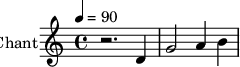 
\new Staff \with {
midiInstrument = "voice oohs" 
  instrumentName = #"Chant"
  shortInstrumentName = #"C"
  } {
   \relative c' {  
   \tempo 4=90
   \time 4/4 
    r2. d4
    g2 a4 b4
  }
}
