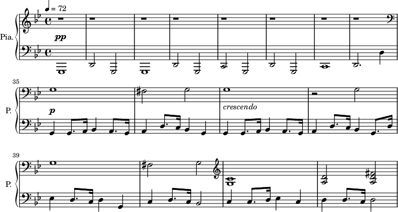 
\new PianoStaff \with { 
       instrumentName = #"Pia." 
       shortInstrumentName = #"P. "
       } 
 <<
      \new Staff \relative c' { 
   \set Score.currentBarNumber = #27
        \time 4/4 \key bes \major   \tempo 4 = 72
       r1 r r r r r r r
      \clef bass
       g1
       fis2 g
       g1
        r2 g2
       g1
       fis2 g
     \clef G
       <g c>1
       <a d>2 <a d fis>
       }

\new Dynamics = "Dynamics_pf" 
       {
   s1 \pp s s s s s s s
   s1 \p s1
   s1 ^\markup { \italic "crescendo" }
   
       }
      \new Staff \relative c { 
        \clef bass
       \time 4/4 \key bes \major 
      g,1
      d'2 g,2
      g1
      d'2 g,2
      c2 g2
      d'2 g,2
      c1
      d2. d'4
      g,4 g8. a16 bes4 a8. g16
      a4 d8. c16 bes4 g
      g4 g8. a16 bes4 a8. g16
      a4 d8. c16 bes4 g8. d'16
      ees4 d8. c16 d4 g,
      c4 d8. c16 bes2
      c4 c8. d16 ees4 c
      d4 d8. c16 d2
       }
>>
