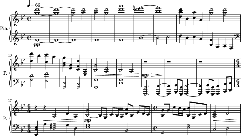 
\new PianoStaff \with { 
       instrumentName = #"Pia." 
       shortInstrumentName = #"P. "
       } 
 <<
      \new Staff \relative c'' { 
        \time 4/4 \key bes \major 
 \tempo 4 = 66
         <g' d'>1~ <g d'>1~ 
         <f d'>2 <a d>2
         <a d>2 <g d'>2
         <d' g>1
         <d e>1~
         <bes e>  
         <d, bes' d>4 bes <c a'> a
         <g' d'>2 <f d'>
         <d d'>4 bes' <c, c'> a'
         <g, bes g'>4 <d g> <c f d'> <a ees>
         <bes g'>2 <a d>
         <bes>2 a
         r1 r r
    \time 6/4
         r4 r a2 d4 a
         <bes g'>2~ bes8 g c8 bes16 a <d a'>8 bes ees8 d16 c
    \time 4/4
          <bes g'>8 g' c8 bes16 a <bes, bes'>8 g c d
          <a c ees>2 d2
}

 \new Dynamics = "Dynamics_pf" 
       {
         \time 4/4
           s1 
           s1 s s s s   s s s s s 
           s1 \< 
           s1
           s4 \! \mp \> s2.
           s1 \!
           s1
        \time 6/4
           r4 r4 \< r4 r2 r4\!
           r1\mp r2
       \time 4/4
           r1
          r4 \< r2 r8 r8\!
       }

  \new Staff \relative c'' { 
       \time 4/4 \key bes \major
       g1~ \pp
       g1~ 
       g1 
       g 
       g

       bes1~
       bes2 c
         d4 bes4 c a
         <bes, g'>4 g a f
      \clef bass
        <g d'>2  <f f'>
      <g, d'>2 <g c>  
      <g g'>1
      <d' g>
      <g,, g'>2. <a a'>4~ 
      <a a'>4 <bes bes'>8 <g g'> <a a'>2~
      <a a'>4 <bes bes'>8 <g g'>8 <a a'>4  <c c'>8 <d d'>
      <ees c' ees>4 a'4 <d, fis a>2 g4 d
      <ees g>1 bes2
  \time 4/4
       g2 <ees' g>2
      c2 d
}
>>
