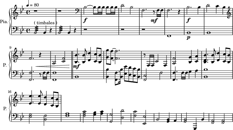 
\new PianoStaff \with { 
       instrumentName = #"Pia." 
       shortInstrumentName = #"P. "
       } 
 <<
      \new Staff \relative c'' { 
        \time 4/4 \key bes \major 
 \tempo 4 = 80
        r1 r 
        \clef bass
       bes,2~ \f bes8 bes16 bes16 bes8 bes16 bes16 
       d2 bes
       f2. r8 \mf f16 f
       f2. r4
        bes2. \f bes4
       d2 c4 bes
  \clef G
       f'2. r4
       a,2 <c f>2
  \bar "||"
       <bes bes'>4. <bes bes'>8 <d d'>4 <c c'>8 <bes bes'>8
       <g' g'>8 <f f'>8~ <f f'>2.
       r8 f,16 f c'2 f,4
       <a f'>2  <bes g'>4 <c a'>4
       <bes d bes'>4. <bes bes'>8 <d d'>4 <c c'>8 <bes bes'>8
       <ees ees'>4. <ees ees'>8 <d d'>4 <c c'>8 <bes bes'>
}

 \new Dynamics = "Dynamics_pf" 
       {
        s1 s s s s s s s
        s2 s4 \< s4
        s1
        s4 \! \mf s2.
        s1 s s s s
       }

      \new Staff \relative c { 
        \clef bass
       \time 4/4 \key bes \major
             bes2:32 ^\markup "( timbales ) " bes4 r4
           bes2:32 bes4 r4
            r1 r1 r1
            f1
            bes1 \p
            bes1
            <f f'>2. r8 f'16 f
            <f, f'>1
      \bar "||"
            bes1
            <bes bes'>4 <f f'>8. <bes bes'>16 <ees ees'>8 <d d'> <c c'> <bes bes'>
            <f c'>2 f'2
            <f, f'>4. f'16 f g4 a
            <bes, bes'>1
            <ees g>2 <bes f'>
            <f' a>1
            <f a c>2 <g bes>4 <a c>4
            <g, g'>2 <d' d'>2
            <f c'>2 <ees, ees'>
            bes'2 <g bes>4 a
            <g bes>2 g,4 bes'
            <f a>2 <f a> 
}
>>
