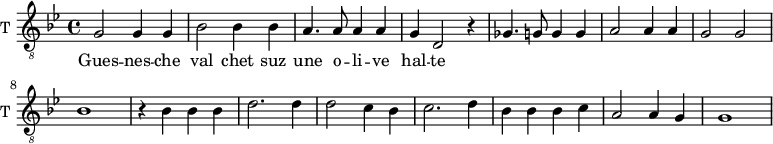 
\new Staff \with {
  midiInstrument = "violin"
  shortInstrumentName = #"T "
  instrumentName = #"T "
  } {
  \relative c' {  
   \clef "treble_8"
   \time 4/4 \key bes \major 
    g2 g4 g4
    bes2 bes4 bes4
    a4. a8 a4 a4
    g4 d2 r4
    ges4. g8 g4 g4
    a2 a4 a4
    g2 g2
    bes1
    r4 bes4 bes bes
    d2. d4
    d2 c4 bes4
    c2. d4
    bes4 bes bes c
    a2 a4 g
    g1  
  }  }
 \addlyrics { 
        Gues -- nes -- che
        val chet suz
        une o -- li -- ve
        hal -- te
            }
