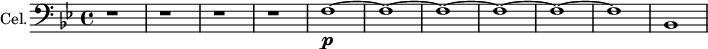 
\new Staff \with {
  midiInstrument = "cello"
  shortInstrumentName = #"C"
  instrumentName = #"Cel."
  } {
\clef bass \relative c {  
  \key bes \major
  r1 r1 r1 r1 f1~ \p f1~ f1~ f1~ f1~ f1 
  bes,
}}
