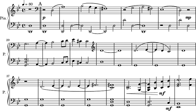 
\new PianoStaff \with { 
       instrumentName = #"Pia." 
       shortInstrumentName = #"P. "
       } 
 <<
      \new Staff \relative c { 
        \time 4/4 \key bes \major 
 \tempo 4 = 80
  \set Score.currentBarNumber = #20
  r1
 % début mesures 21 à 44
  \bar "||" \mark A
  \clef bass
  r2 d2 \(
  a'1\)
  bes2 \( a4 g 
  fis1 \)
  r2 \( g2
  a2 fis \)
  ees1 \( 
  d2 \) r2 
  g2. a4~
  a4 bes2 c8 d
  ees4 cis cis2
 \clef G
  d1~
  d1
  d2. ^\(  ees4~
  ees4 d c2 ^\)
  d1
  r1
  d2. \( ees4~
  ees4 d2 ees4~
  ees4 fis2. 
  <c fis>1 \)
  <bes d>2. \< <g g'>4~
  <g c g'>4 <bes bes'>4 <c c'> \! \mf <d d'>
  <ees g ees'>2. <f f'>4
}
 \new Dynamics = "Dynamics_pf" 
       {
         s1 
         s1 \p \repeat unfold 6 {s1} s2 s2 \mp
       }
      \new Staff \relative c { 
        \clef bass
       \time 4/4 \key bes \major
   <d, d'>1
   <d d'>1
    <d d'>2 d'2~
    d2 d,2~
    d2 d'2
    d'2 d,2~
    <d, d'>1
    r2 d'2
    d'2 d,2
    <g, d' g>2. a4~
    a4 bes2 c8 d
    ees4 cis cis2
    d1
    g,1
    g1
    g1
    g1
    <g g'>1
    <g g'>1
    <g g'>1
    <g g'>1
    <g d' g>1
    <g d'>1
    <g d'>2.
    c4 \mf
    <ees, bes'>1
    
}
>>
