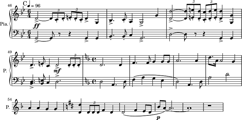 
\new PianoStaff \with { 
       instrumentName = #"Pia." 
       shortInstrumentName = #"P. "
       } 
 <<
      \new Staff \relative c { 
   \set Score.currentBarNumber = #46
        \time 6/4 \key bes \major 
 \tempo 4 = 96
      
  \bar "||" \mark C
    d'2~_> \tuplet 3/2  { d8 c_. d_. }  \tuplet 3/2  { e_. d_. c_. } d4_> g,
    bes4. _> c8_. a4 g2_> g'4  
    <d d' _> >2~ \tuplet 3/2 { <d  d'>8 <e e' _. > <d d' _.> } \tuplet 3/2 { <c _. c'>8 <d _.  d'  > <e _. e' > } <d _> d'>4 <g, g'>4
    d'4._> e8 _. c4 d2 _> \tuplet 3/2 {d8 _.  d _. d _.}  
 \time 4/4 \key f \major
      d2. d4
      f4. f8 g4 g8 g
      a2. a4
      d8. a16 a2 g4
      a4 a g g
  \key d \major
      <d d'>4 \tuplet 3/2 {d8 d d} fis4 d4
      d2 \( fis4 e8 d
      b'8 a~ \) a2.~
      a1
      r1
}

 \new Dynamics = "Dynamics_pf" 
       {
        s1. \ff s
        s1. s2. s2. \mf
     \time 4/4
        s1 s s s
        s1 s s s1\p
        s1 s s
       }

      \new Staff \relative c, { 
        \clef bass
       \time 6/4 \key bes \major
       g'2~_> g8 r8 r4 g4_> g4
       bes4. _. bes8_. c4 g2._>
       d'2~ ^> d8 r8 r4 g,4 _> g4 
       <bes d>4. _> <bes e>8 c4 d2. ^>
    \time 4/4 \key f \major
        d2 a4. d8
        f4 \( a g e
        d2 \)  a4. d8
        a'2   d2~
}
>>
