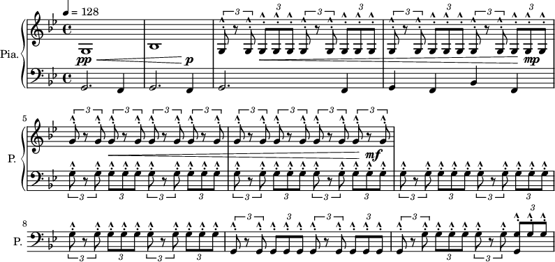 
\new PianoStaff \with { 
       instrumentName = #"Pia." 
       shortInstrumentName = #"P. "
       } 
 <<
      \new Staff \relative c' { 
        \time 4/4 \key bes \major   \tempo 4 = 128
        g1
        bes1
       \tuplet 3/2 {g8 ^.^^  r8 g8 ^.^^}    \tuplet 3/2 {g8 ^.^^  g8 ^.^^ g8 ^.^^} 
                      \tuplet 3/2 {g8 ^.^^  r8 g8 ^.^^}    \tuplet 3/2 {g8 ^.^^  g8 ^.^^ g8 ^.^^} 
       \tuplet 3/2 {g8 ^.^^  r8 g8 ^.^^}    \tuplet 3/2 {g8 ^.^^  g8 ^.^^ g8 ^.^^} 
                      \tuplet 3/2 {g8 ^.^^  r8 g8 ^.^^}    \tuplet 3/2 {g8 ^.^^  g8 ^.^^ g8 ^.^^} 
       \tuplet 3/2 {g'8 ^.^^  r8 g8 ^.^^}    \tuplet 3/2 {g8 ^.^^  r8 g8 ^.^^} 
                      \tuplet 3/2 {g8 ^.^^  r8 g8 ^.^^}    \tuplet 3/2 {g8 ^.^^  r8  g8 ^.^^} 
       \tuplet 3/2 {g8 ^.^^  r8 g8 ^.^^}    \tuplet 3/2 {g8 ^.^^  r8 g8 ^.^^} 
                      \tuplet 3/2 {g8 ^.^^  r8 g8 ^.^^}    \tuplet 3/2 {g8 ^.^^  r8 g8 ^.^^} 
       }
      \new Dynamics = "Dynamics_pf" 
       {
         s1 \pp \<
         s2 s4 s8 \! \p s8
         s4 s4 \< s2
         s2 s4 s8 \! s8 \mp
         s4 s4 \< s2
         s2 s4 s8 \! s8 \mf       
       }
      \new Staff \relative c { 
        \clef bass
       \time 4/4 \key bes \major 
        g2. f4
        g2. f4
        g2. f4
        g4 f bes f
      \tuplet 3/2 {g'8 ^.^^  r8 g8 ^.^^}    \tuplet 3/2 {g8 ^.^^  g8 ^.^^ g8 ^.^^} 
                      \tuplet 3/2 {g8 ^.^^  r8 g8 ^.^^}    \tuplet 3/2 {g8 ^.^^  g8 ^.^^ g8 ^.^^} 
       \tuplet 3/2 {g8 ^.^^  r8 g8 ^.^^}    \tuplet 3/2 {g8 ^.^^  g8 ^.^^ g8 ^.^^} 
                      \tuplet 3/2 {g8 ^.^^  r8 g8 ^.^^}    \tuplet 3/2 {g8 ^.^^  g8 ^.^^ g8 ^.^^} 
     \tuplet 3/2 {g8 ^.^^  r8 g8 ^.^^}    \tuplet 3/2 {g8 ^.^^  g8 ^.^^ g8 ^.^^} 
                      \tuplet 3/2 {g8 ^.^^  r8 g8 ^.^^}    \tuplet 3/2 {g8 ^.^^  g8 ^.^^ g8 ^.^^} 
       \tuplet 3/2 {g8 ^.^^  r8 g8 ^.^^}    \tuplet 3/2 {g8 ^.^^  g8 ^.^^ g8 ^.^^} 
                      \tuplet 3/2 {g8 ^.^^  r8 g8 ^.^^}    \tuplet 3/2 {g8 ^.^^  g8 ^.^^ g8 ^.^^} 
       \tuplet 3/2 {g,8 ^.^^  r8 g8 ^.^^}    \tuplet 3/2 {g8 ^.^^  g8 ^.^^ g8 ^.^^} 
                      \tuplet 3/2 {g8 ^.^^  r8 g8 ^.^^}    \tuplet 3/2 {g8 ^.^^  g8 ^.^^ g8 ^.^^} 
      \tuplet 3/2 {g8 ^.^^  r8 g'8 ^.^^}    \tuplet 3/2 {g8 ^.^^  g8 ^.^^ g8 ^.^^} 
                      \tuplet 3/2 {g8 ^.^^  r8 g8 ^.^^}    \tuplet 3/2 {<g, g'> ^.^^  g'8 ^.^^ g8 ^.^^} 

       }
>>
