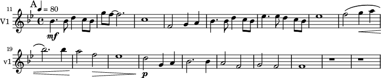 
\new Staff \with {
  midiInstrument = "violin"
  instrumentName = #"V1 "
  shortInstrumentName = #"v1"
  } {
  \relative c'' {  
   \set Score.currentBarNumber = #11
   \time 4/4 \key bes \major \tempo 4=80

 \bar "||" \mark A
       bes4.  \mf bes8 d4 c8 bes
       g'8 f~ f2.
       c1
       f,2 g4 a
       bes4. bes8 d4 c8 bes
       ees4. ees8 d4 c8 bes
       ees1
       f2 \( g4 \< a
       bes2. \) bes4
       a2 \! f \>
       ees1 
       d2 \! \p g,4 a
       bes2. bes4
       a2  f2
       g2 f2
       f1
        r1 r
  }  }
