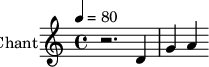 
\new Staff \with {
midiInstrument = "voice oohs" 
  instrumentName = #"Chant"
  shortInstrumentName = #"C"
  } {
   \relative c' {  
   \tempo 4=80
   \time 4/4 
    r2. d4
    g4 a4
  }
}
