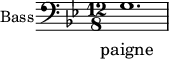 
\new Staff \with {
  midiInstrument = "choir aahs"
  shortInstrumentName = #"B"
  instrumentName = #"Bass"
  } {
  \clef bass  \relative c' {  
   \time 12/8 \key bes \major 
    \set Score.currentBarNumber = #45

   g1.
  }  }
 \addlyrics {  paigne   
             hm - - - - - - - - -
            }
