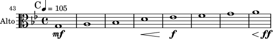 
\new Staff \with {
  midiInstrument = "viola"
  shortInstrumentName = #"Vla"
  instrumentName = #"Alto"
  } {
 \clef alto \relative c' {  
   \time 4/4 \key bes \major \tempo 4 = 105
  \set Score.currentBarNumber = #43
  \bar "||" \mark C
    g1 \mf a bes d \<      ees \! \f
    f  g 
    <<  a \\ {s4 \< s2 s4\!  \ff  } >>
}}
