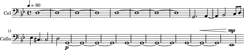 
\new Staff \with {
  midiInstrument = "cello"
  shortInstrumentName = #"Cello"
  instrumentName = #"Cel"
  } {
  \clef bass \relative c {  
   \time 4/4 \key bes \major \tempo 4 = 80
   d1~ d1~ d1~ d1 
   d1~ d1~ d1~ d1 
   g,2. a4~
   a4  bes2 c8 d8
   ees4 cis4. cis2
   d2
   g,1~ -\p g1~ g1~ g1
   g1~ g1~ g1~ g1
   g1~ g1~ ^\< g1  ees1 ^\! ^\mp
}}
