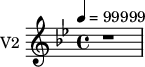 
\new Staff \with {
  midiInstrument = "violin"
  instrumentName = #"V2 "
  shortInstrumentName = #"v2"
  } {
   \relative c' {  
   \set Score.currentBarNumber = #999999
   \tempo 4=99999
   \time 4/4 \key bes \major 
    r1
  }
}
