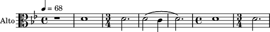 
\new Staff \with {
  midiInstrument = "viola"
  shortInstrumentName = #"Va"
  instrumentName = #"Alto"
  } {
 \clef alto \relative c' {  
   \time 4/4 \key bes \major \tempo 4 = 68 
   r1 d1 
   \time 3/4
   d2.
   d2 \( c4
   d2. \)
  \time 4/4
   d1
   \time 3/4
   d2.
}}
