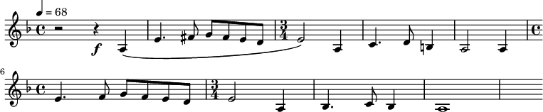 
\new Staff \with {
  midiInstrument = "french horn"
 }
 \relative c' {
   \tempo 4=68
  \time 4/4 \key f \major 
 \transposition f
  r2 r4 \f a4 \(
  e'4. fis8 g fis e d
  \time 3/4 e2 \) a,4
  c4. d8 b4
  a2 a4
  \time 4/4 e'4. f8 g f e d
 \time 3/4 e2 a,4
  bes4. c8 bes4
  a1
  
 } 
