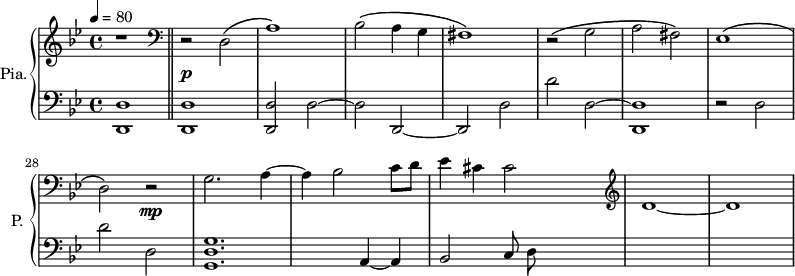 
\new PianoStaff \with { 
       instrumentName = #"Pia." 
       shortInstrumentName = #"P. "
       } 
 <<
      \new Staff \relative c { 
        \time 4/4 \key bes \major 
 \tempo 4 = 80
  \set Score.currentBarNumber = #20
  r1
  \bar "||"
  \clef bass
  r2 d2 \(
  a'1\)
  bes2 \( a4 g 
  fis1 \)
  r2 \( g2
  a2 fis \)
  ees1 \( 
  d2 \) r2 \mp
  g2. a4~
  a4 bes2 c8 d
  ees4 cis cis2
 \clef G
  d1~
  d1
}
 \new Dynamics = "Dynamics_pf" 
       {
         s1 s \p s s 
       }
      \new Staff \relative c { 
        \clef bass
       \time 4/4 \key bes \major
   <d, d'>1
   <d d'>1
    <d d'>2 d'2~
    d2 d,2~
    d2 d'2
    d'2 d,2~
    <d, d'>1
    r2 d'2
    d'2 d,2
    <g, d' g>1. a4~
    a4 bes2 c8 d
}
>>
