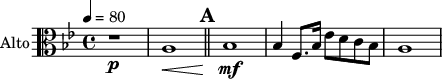 
\new Staff \with {
  midiInstrument = "viola"
  shortInstrumentName = #"Va"
  instrumentName = #"Alto"
  } {
 \clef alto \relative c' {  
   \time 4/4 \key bes \major \tempo 4 = 80 
   r1 \p
   a1 \<
   \bar "||" \mark \default
   bes1 \mf \!
   bes4 f8. bes16 ees8 d c bes
   a1
}}
